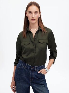 Madewell Western Linen Blend Olive Green Button-Up Utility Shirt - 10